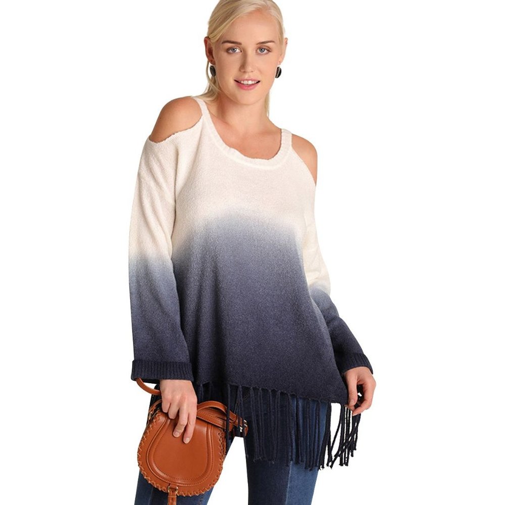Umgee Ombre Cold Shoulder Fringe Sweater, Navy - Picture 4 of 6